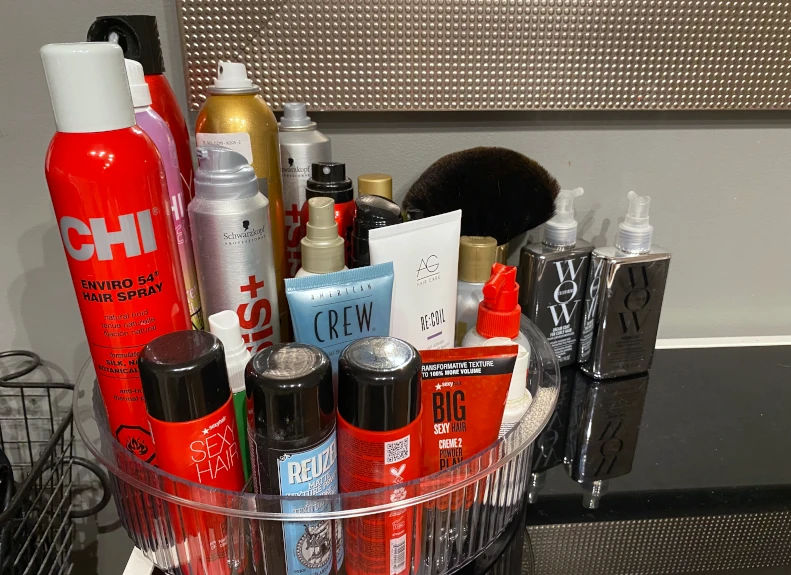 hair salon products neatly organized on a table